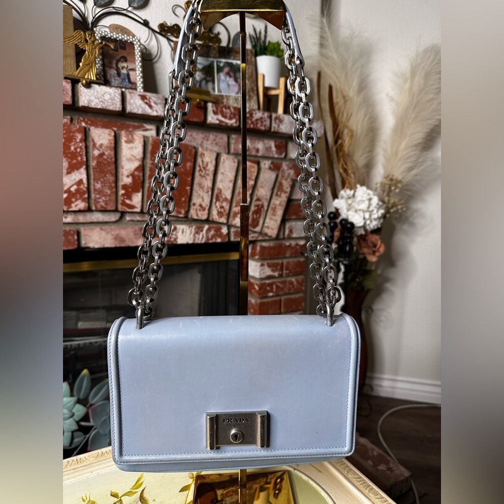 Prada Milano Light‎ Blue Leather Chain Shoulder Bag
